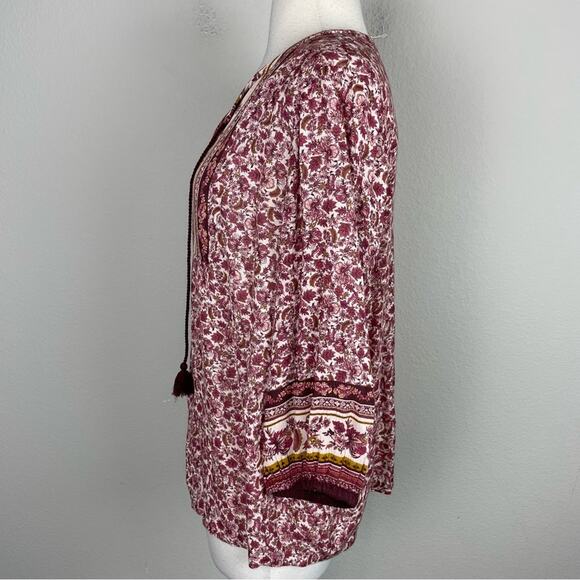 Garnet Hill Maroon Floral Peasant Pop Over Top 4 - Picture 5 of 8